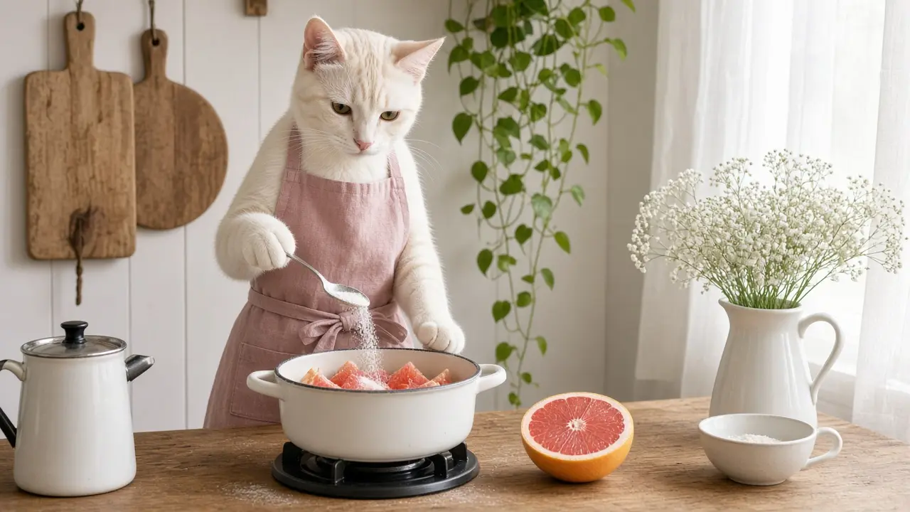 A cream-coloured cat in a pink apron, cooking this dish