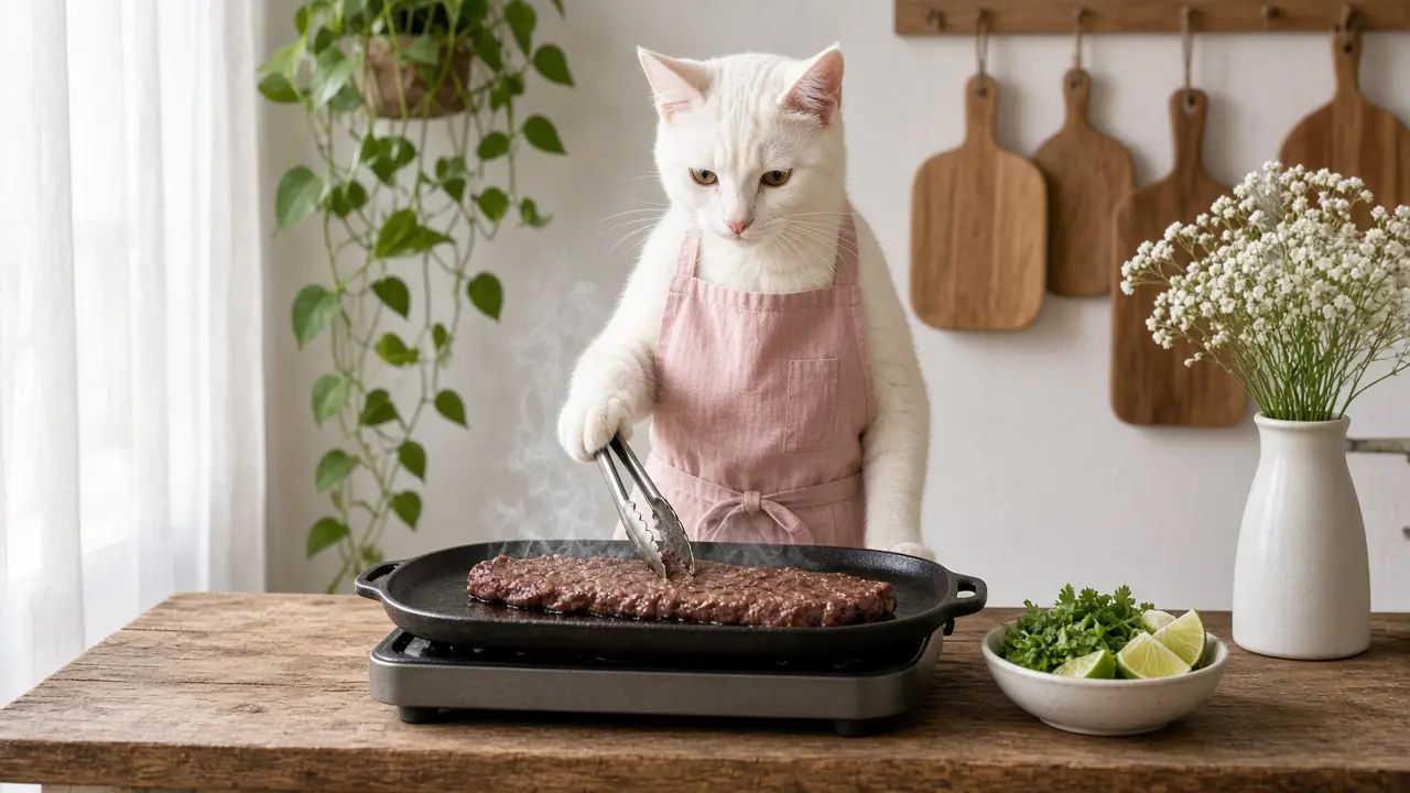 A cream-coloured cat in a pink apron, cooking this dish
