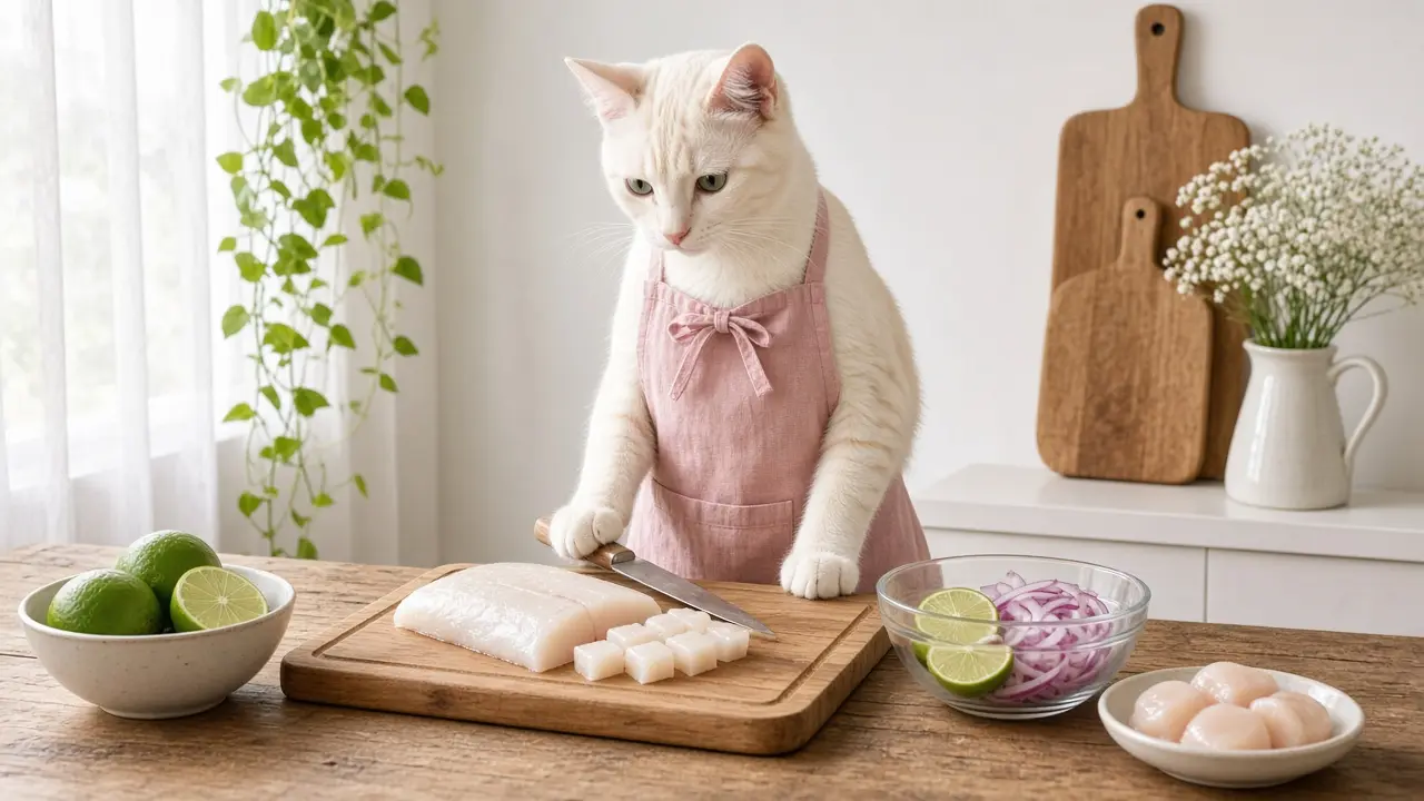 A cream-coloured cat in a pink apron, cooking this dish