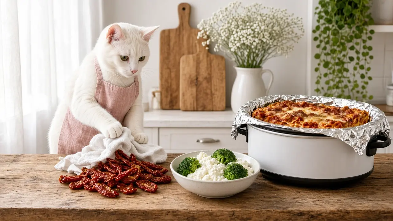 A cream-coloured cat in a pink apron, cooking this dish