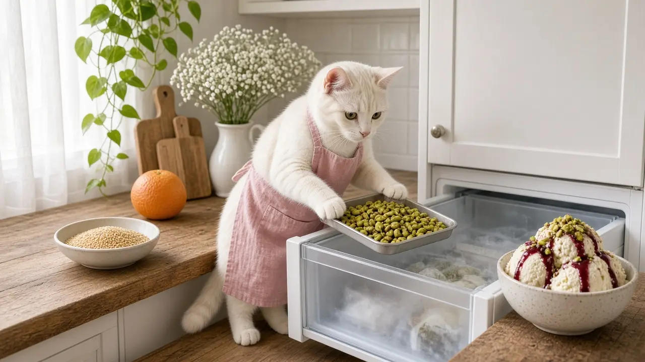 A cream-coloured cat in a pink apron, cooking this dish