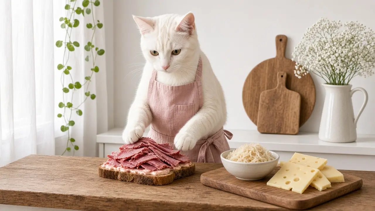 A cream-coloured cat in a pink apron, cooking this dish