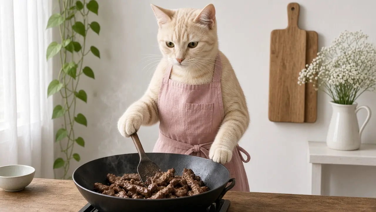 A cream-coloured cat in a pink apron, cooking this dish
