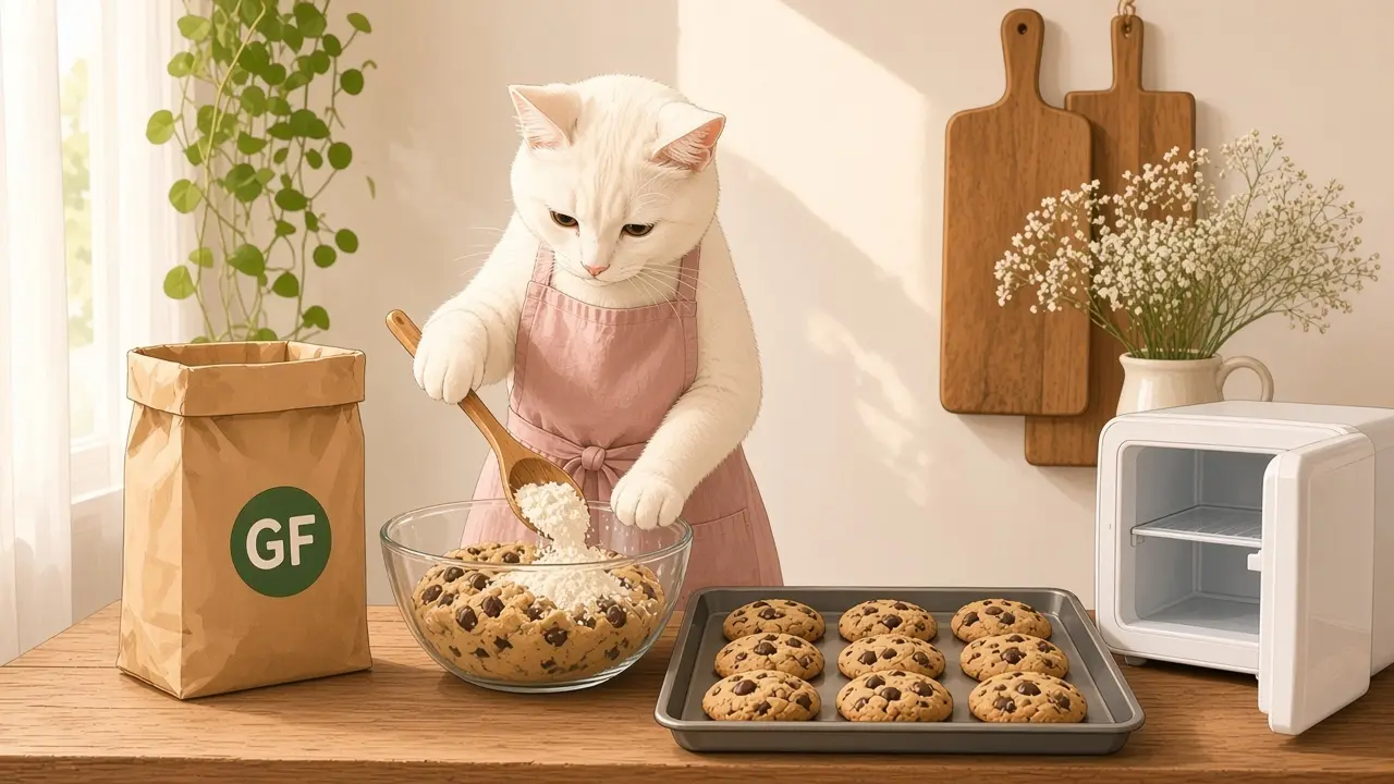 A cream-coloured cat in a pink apron, cooking this dish
