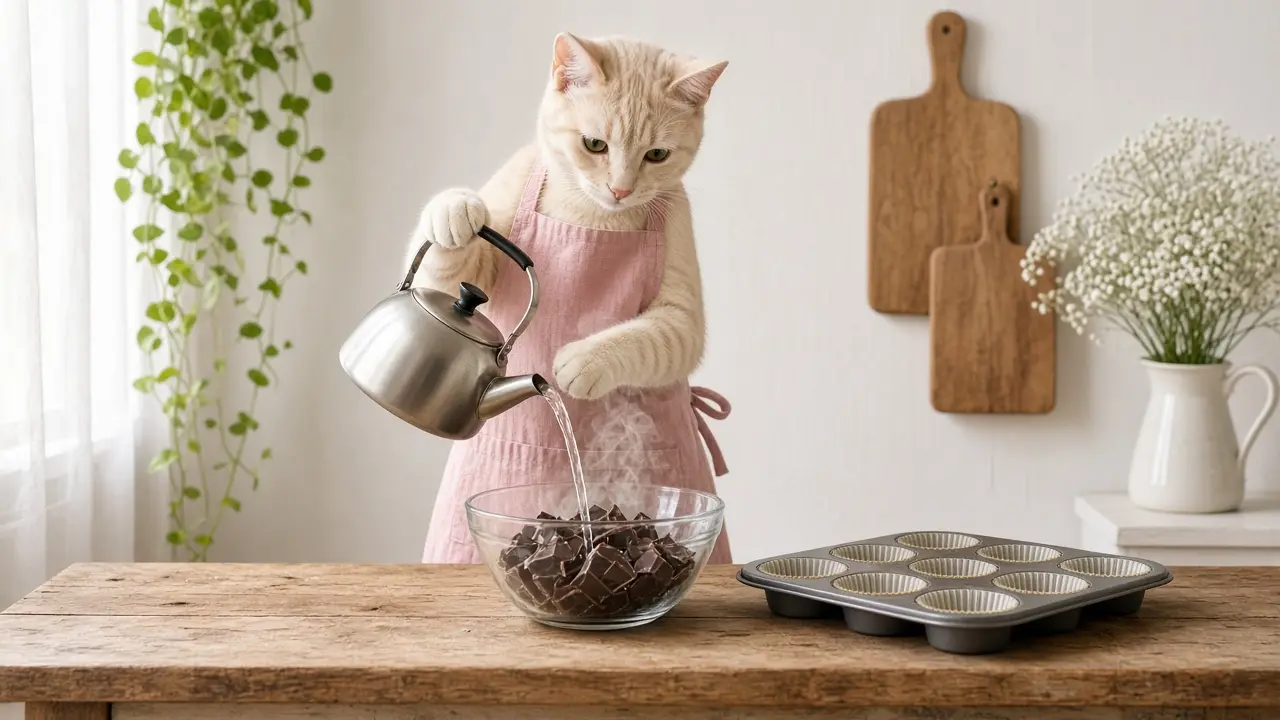 A cream-coloured cat in a pink apron, cooking this dish