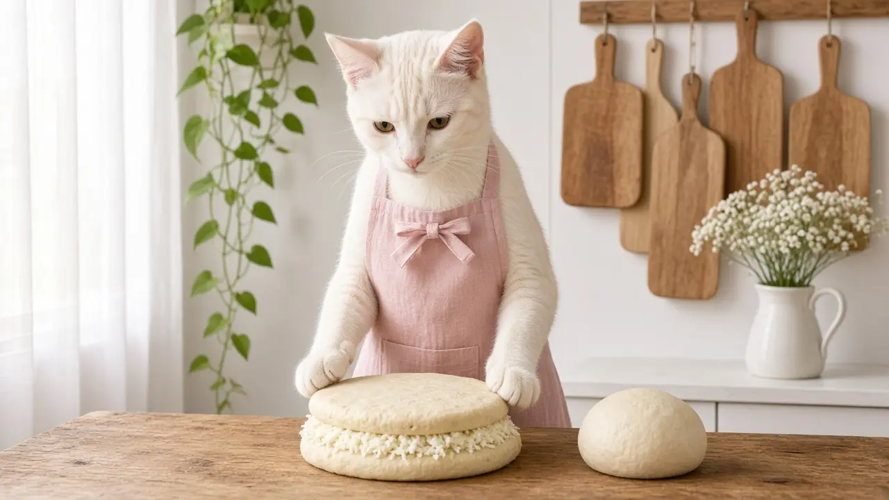 A cream-coloured cat in a pink apron, cooking this dish