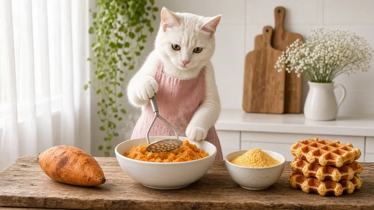 A cream-coloured cat in a pink apron, cooking this dish