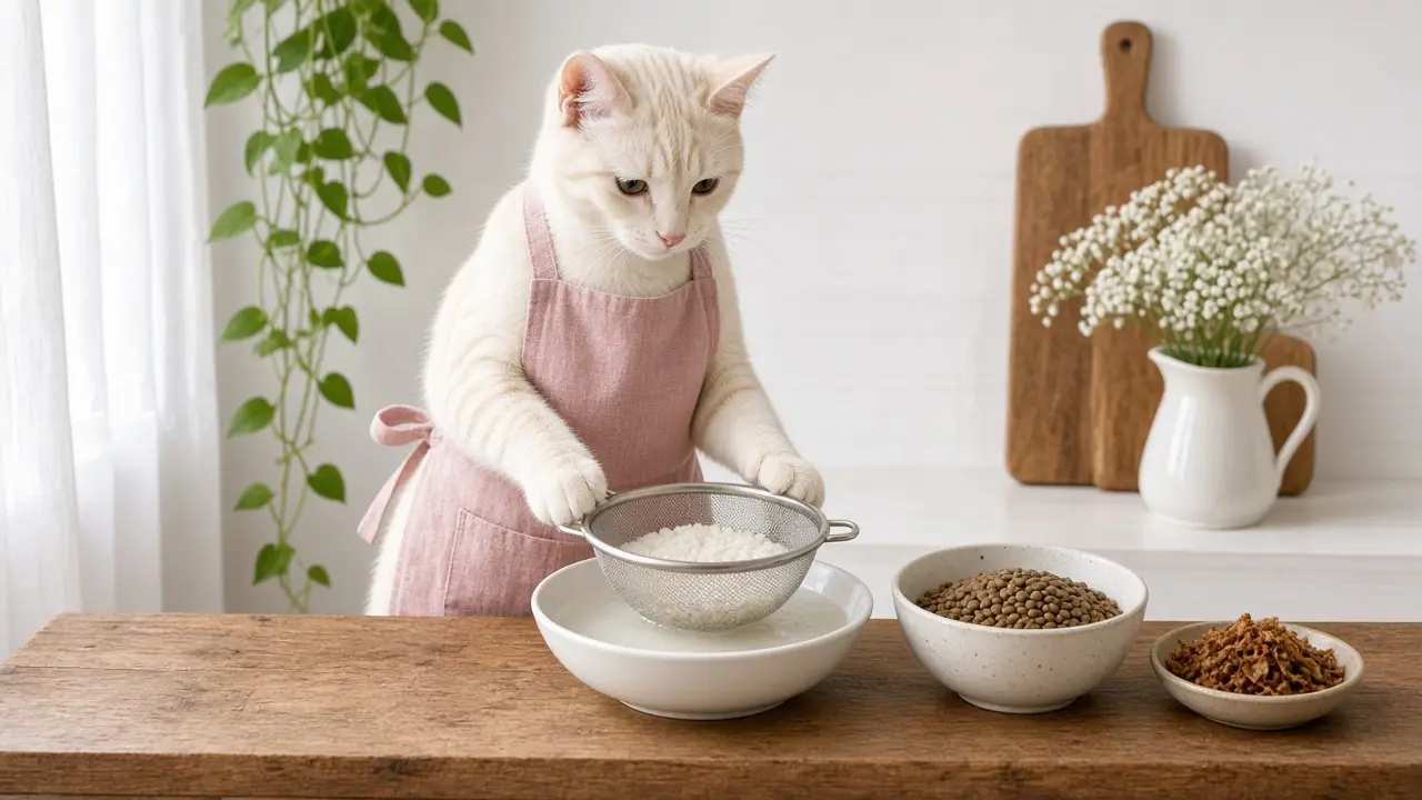 A cream-coloured cat in a pink apron, cooking this dish