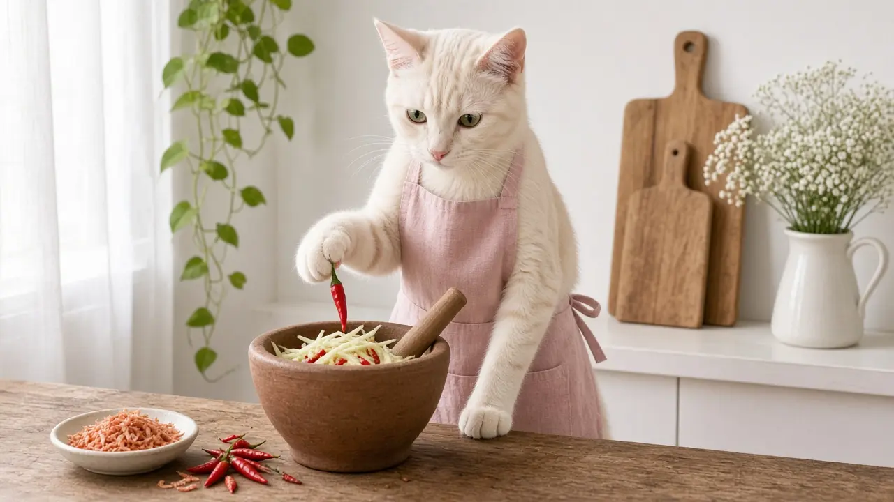 A cream-coloured cat in a pink apron, cooking this dish
