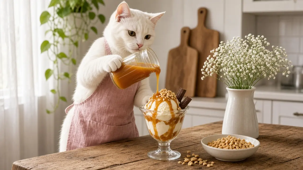 A cream-coloured cat in a pink apron, cooking this dish