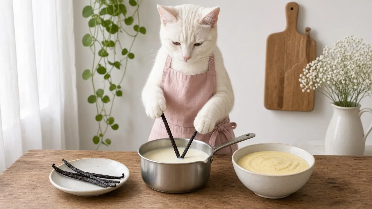 A cream-coloured cat in a pink apron, cooking this dish