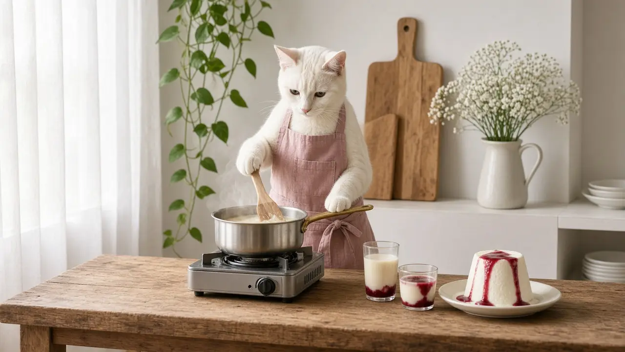 A cream-coloured cat in a pink apron, cooking this dish