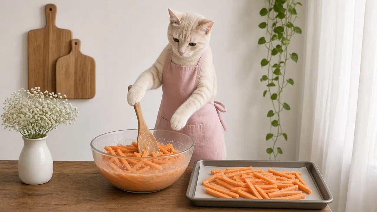 A cream-coloured cat in a pink apron, cooking this dish