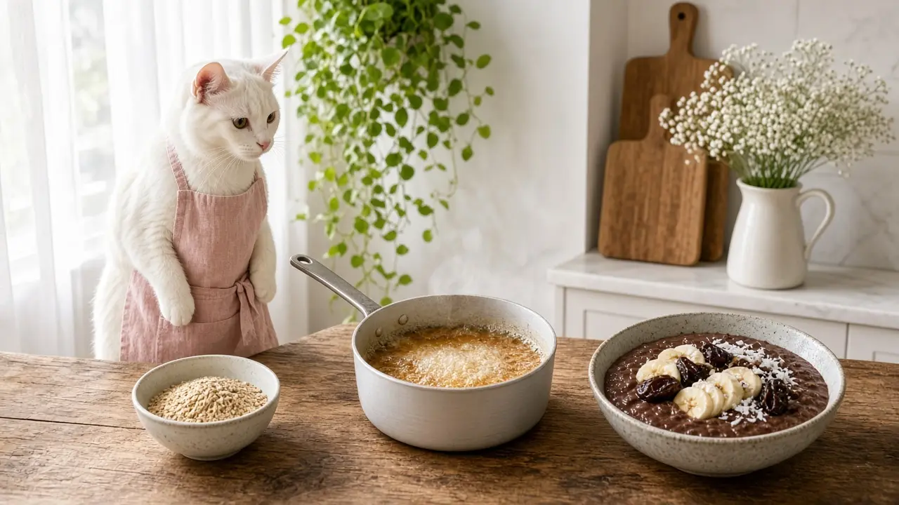 A cream-coloured cat in a pink apron, cooking this dish