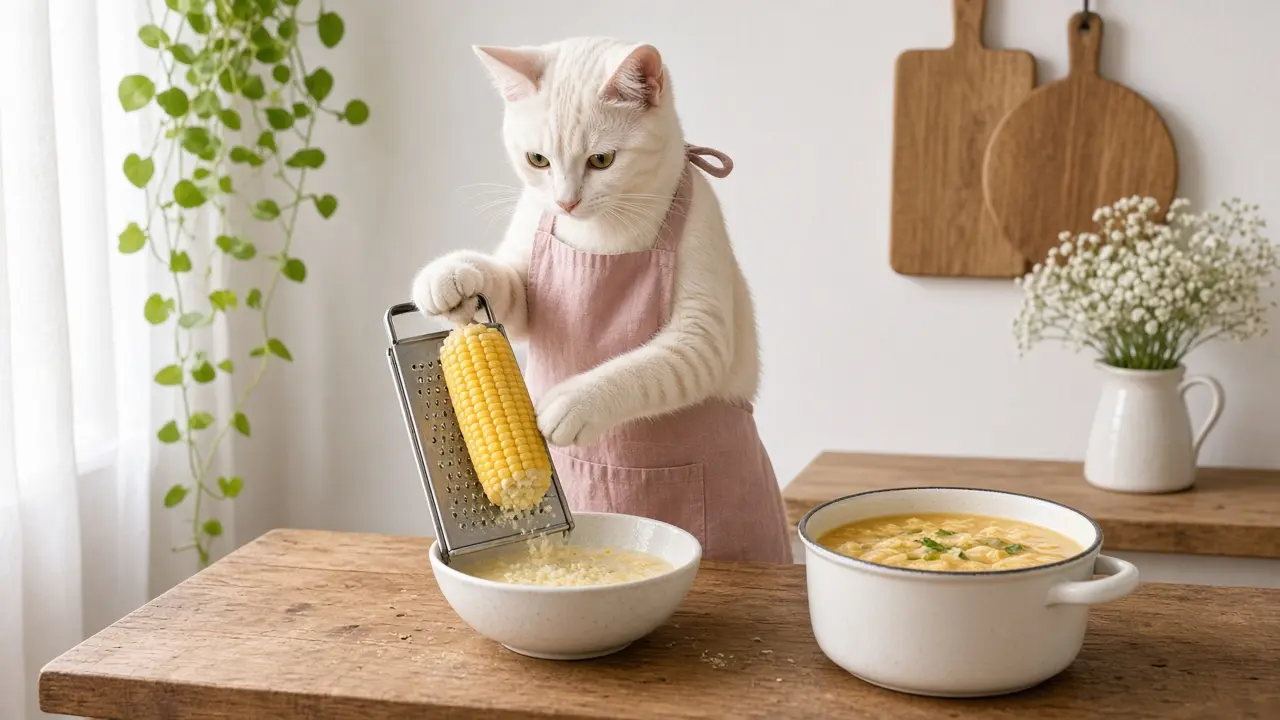 A cream-coloured cat in a pink apron, cooking this dish