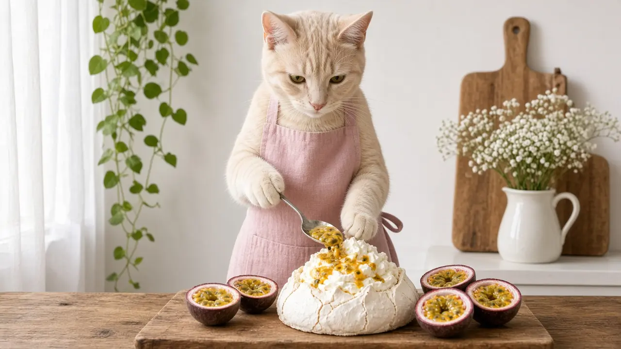 A cream-coloured cat in a pink apron, cooking this dish