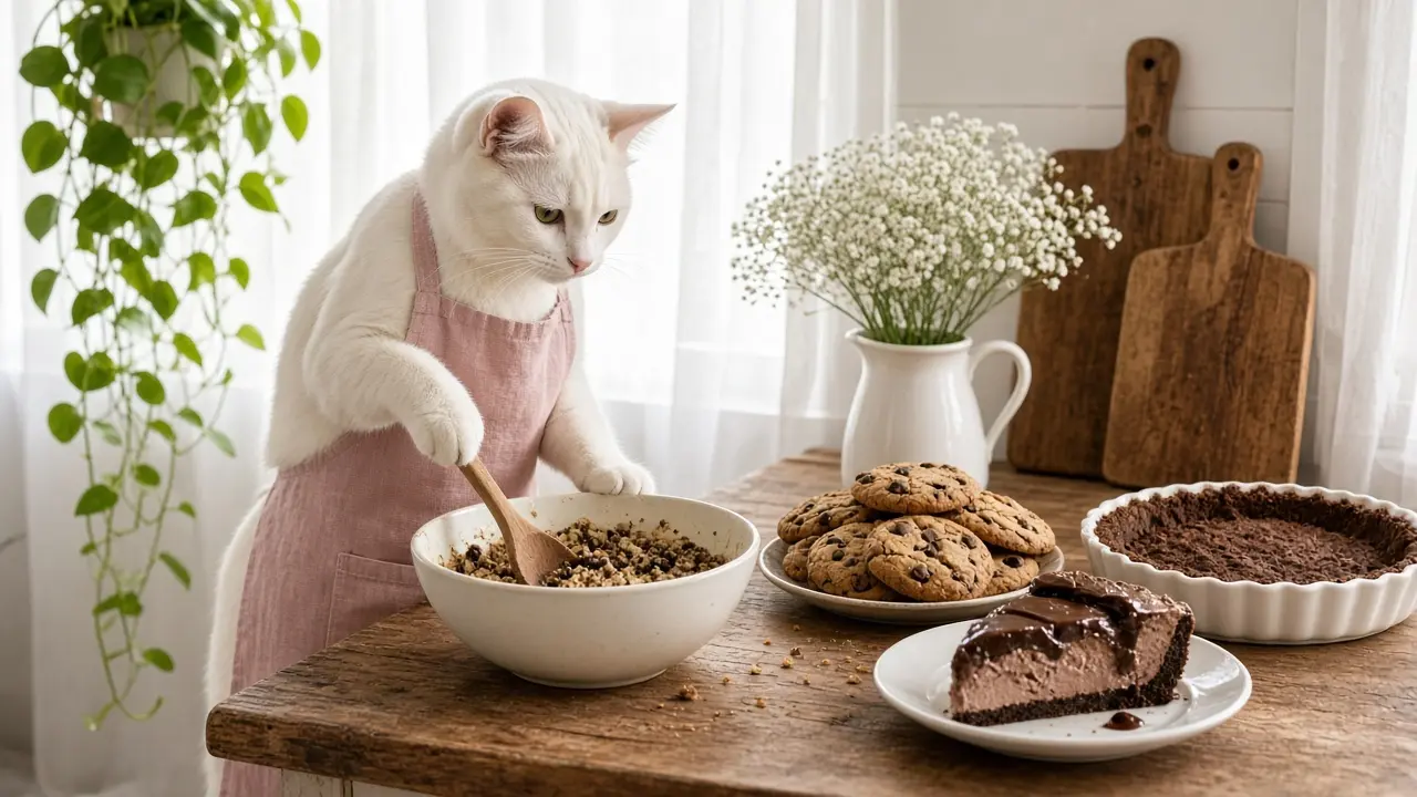 A cream-coloured cat in a pink apron, cooking this dish