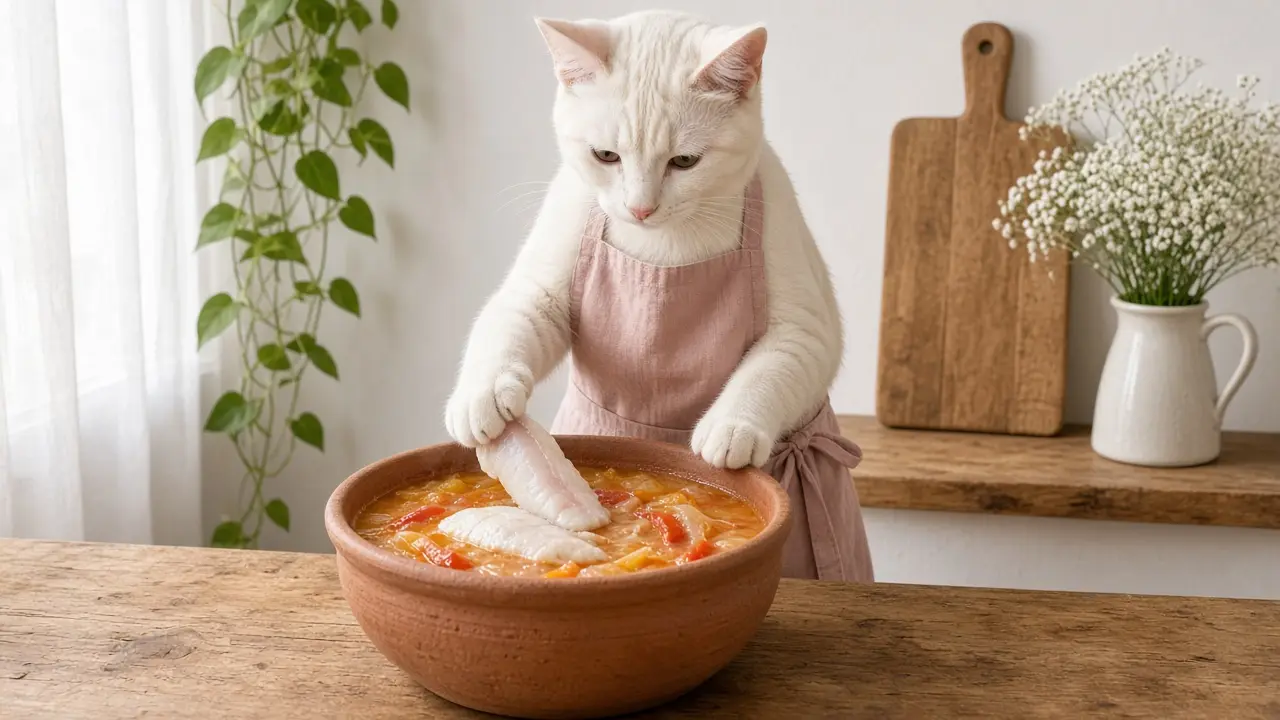 A cream-coloured cat in a pink apron, cooking this dish