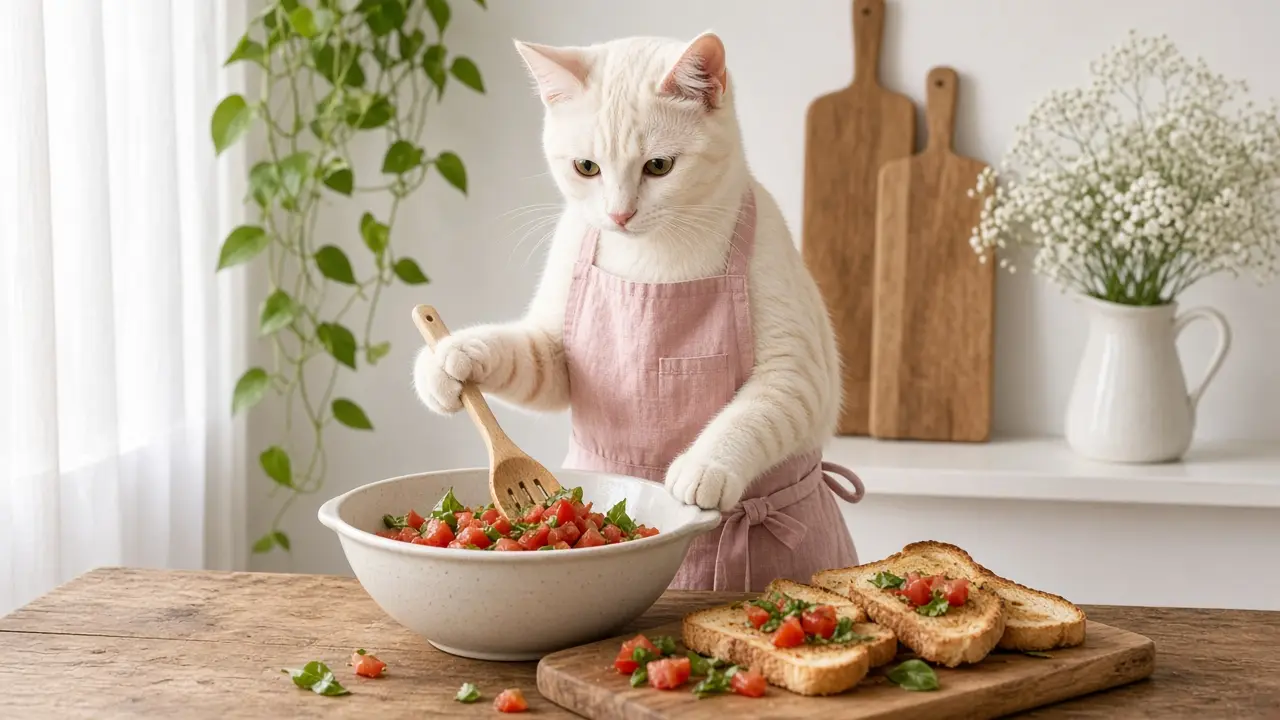 A cream-coloured cat in a pink apron, cooking this dish