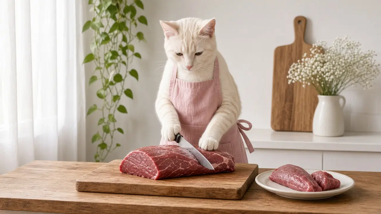A cream-coloured cat in a pink apron, cooking this dish