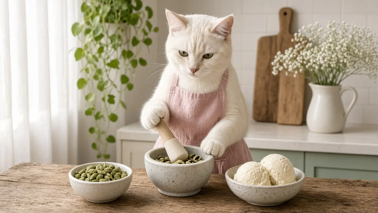 A cream-coloured cat in a pink apron, cooking this dish