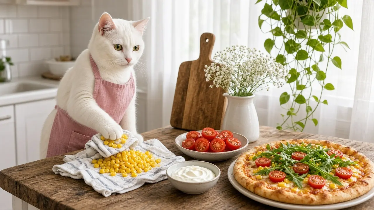 A cream-coloured cat in a pink apron, cooking this dish