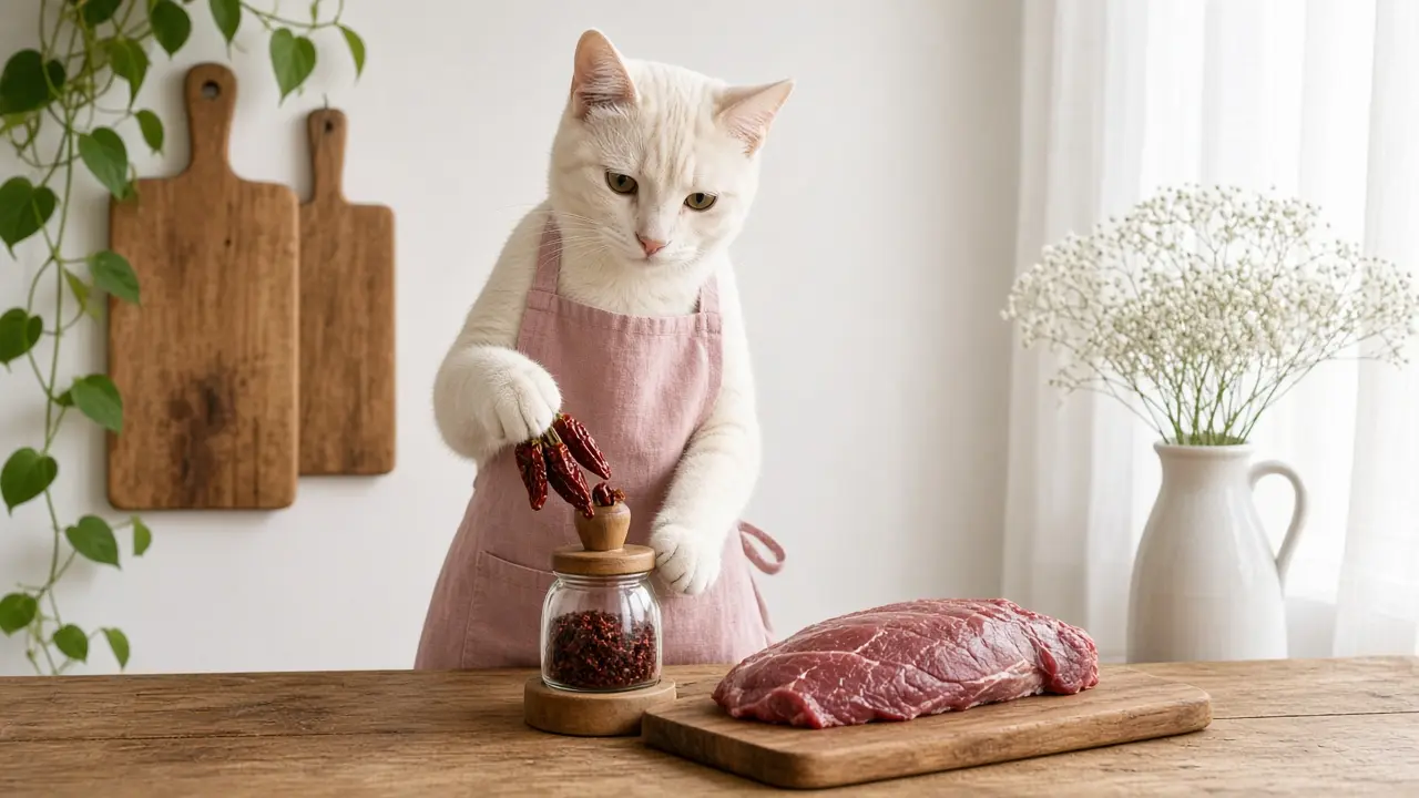 A cream-coloured cat in a pink apron, cooking this dish