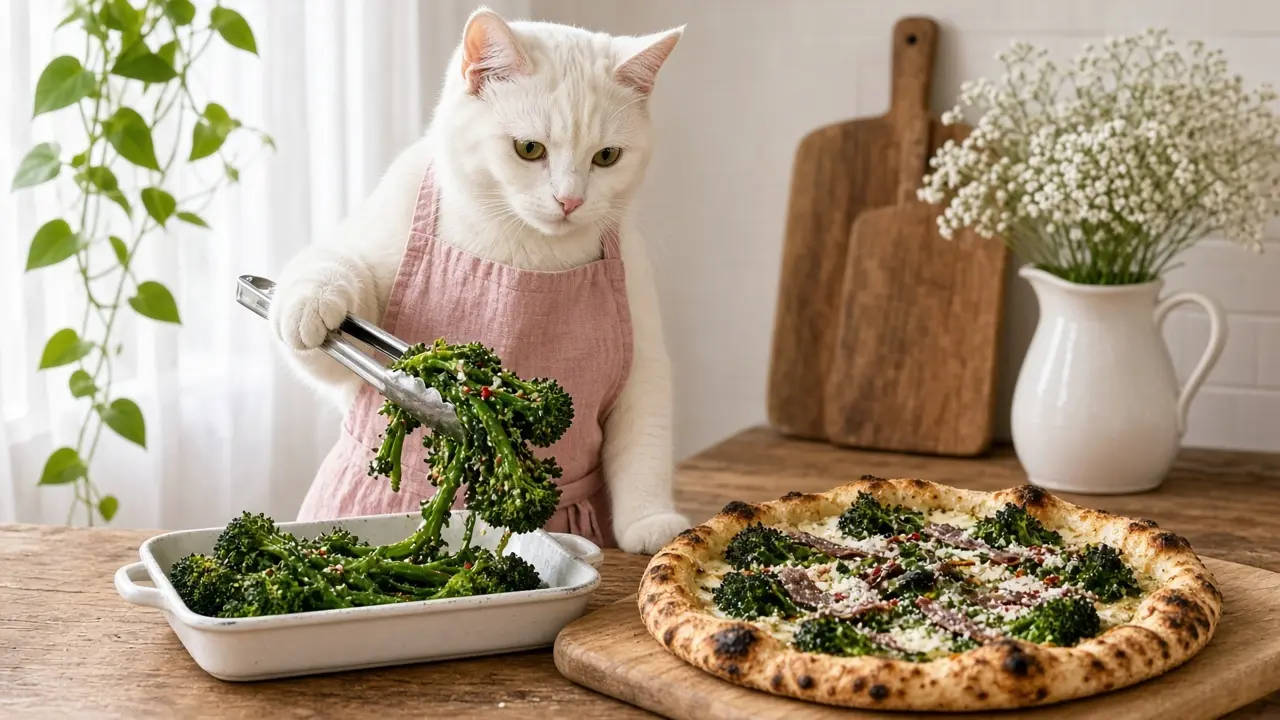 A cream-coloured cat in a pink apron, cooking this dish