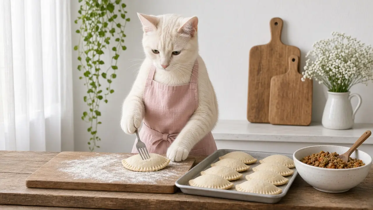 A cream-coloured cat in a pink apron, cooking this dish