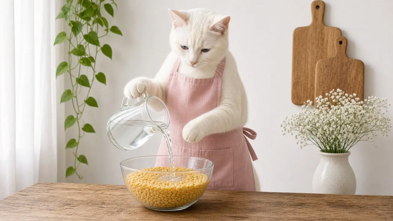 A cream-coloured cat in a pink apron, cooking this dish