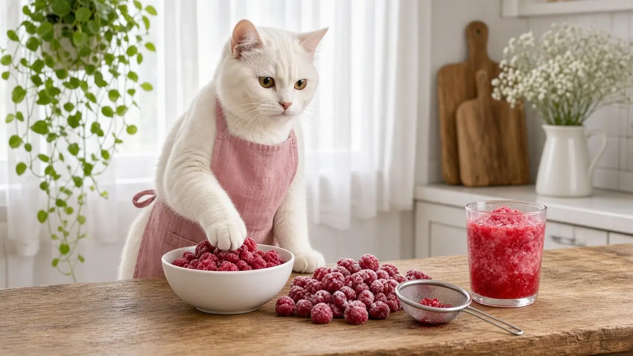 A cream-coloured cat in a pink apron, cooking this dish