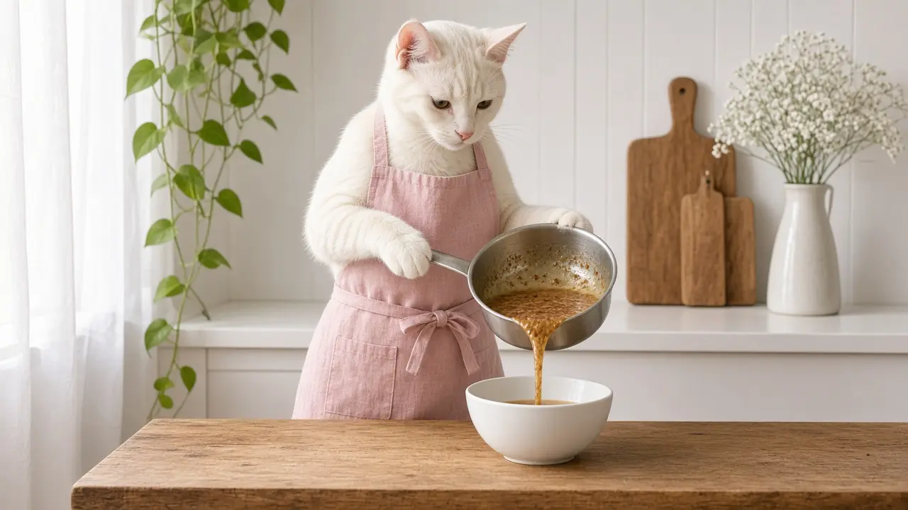A cream-coloured cat in a pink apron, cooking this dish