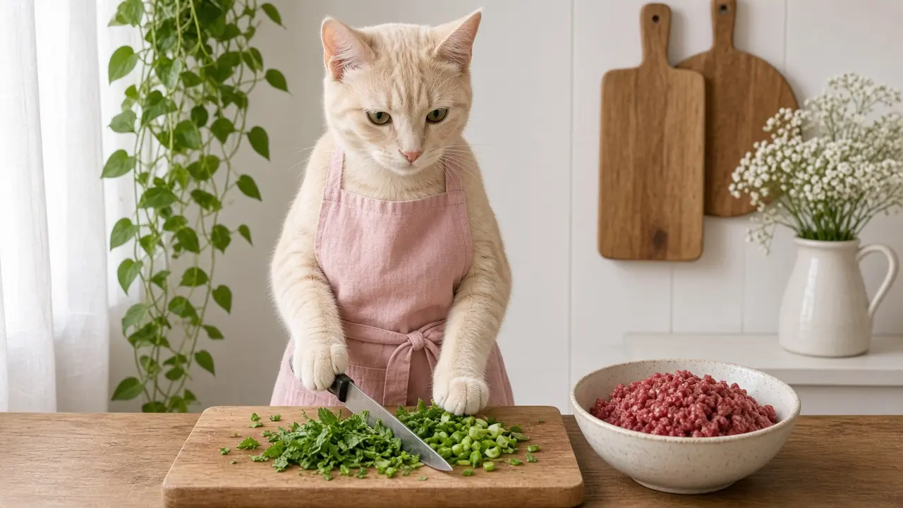 A cream-coloured cat in a pink apron, cooking this dish