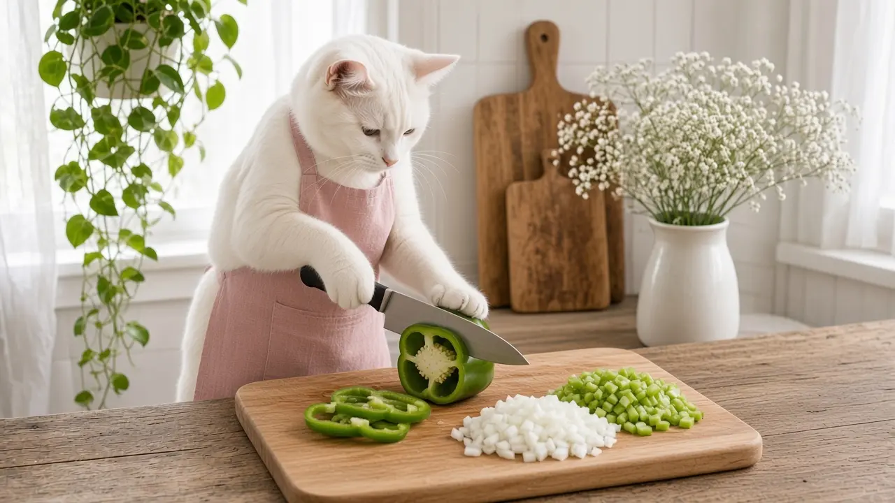 A cream-coloured cat in a pink apron, cooking this dish