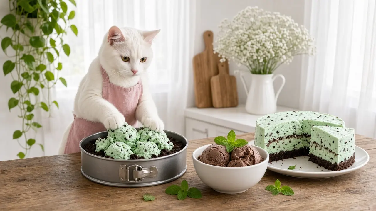 A cream-coloured cat in a pink apron, cooking this dish