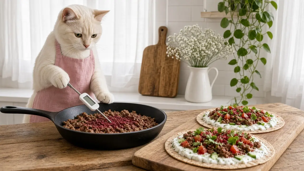 A cream-coloured cat in a pink apron, cooking this dish