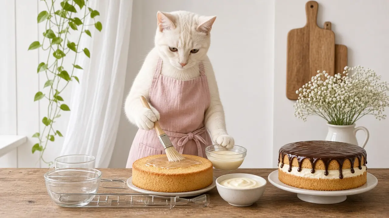 A cream-coloured cat in a pink apron, cooking this dish