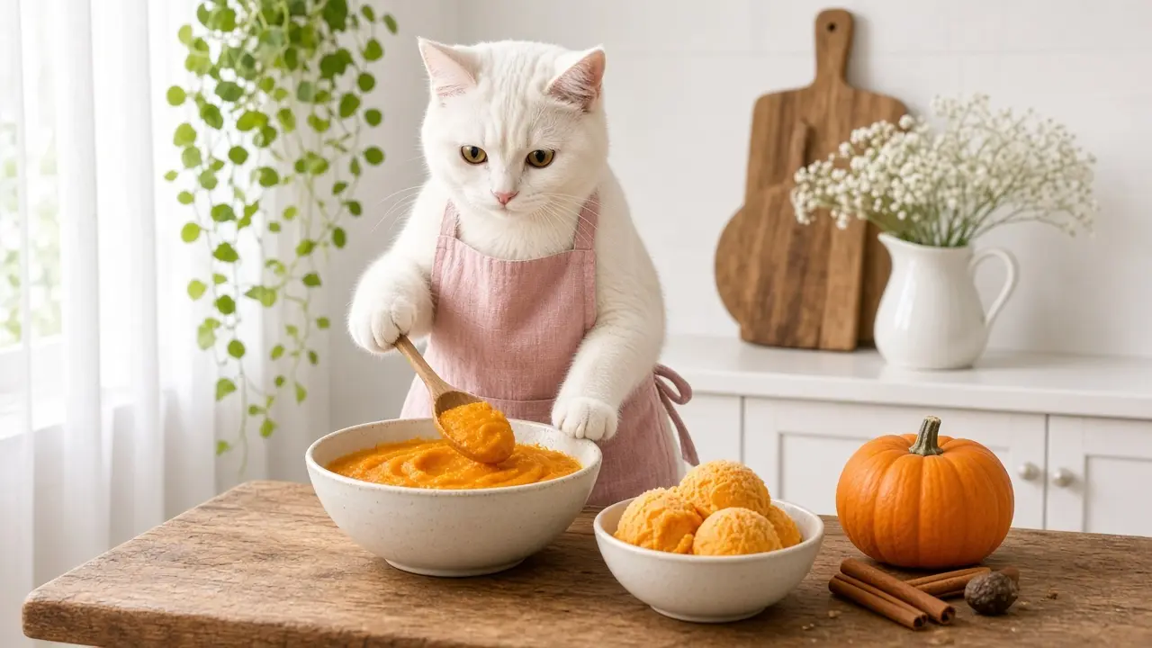A cream-coloured cat in a pink apron, cooking this dish
