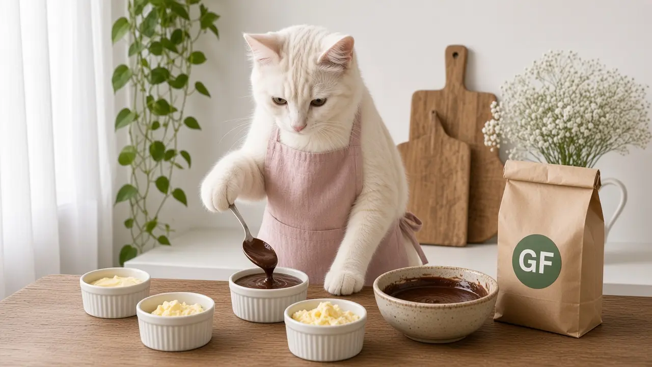 A cream-coloured cat in a pink apron, cooking this dish