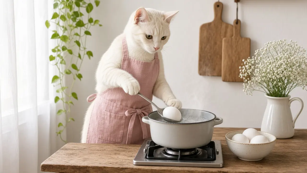 A cream-coloured cat in a pink apron, cooking this dish