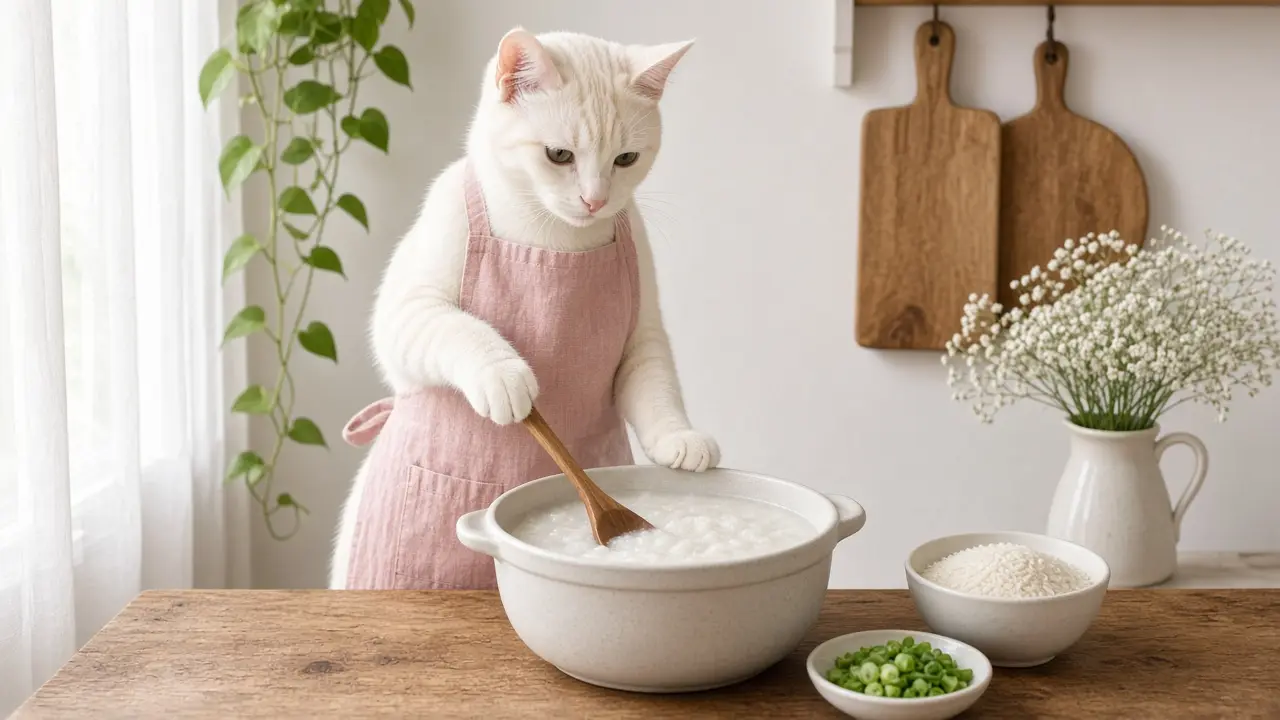 A cream-coloured cat in a pink apron, cooking this dish