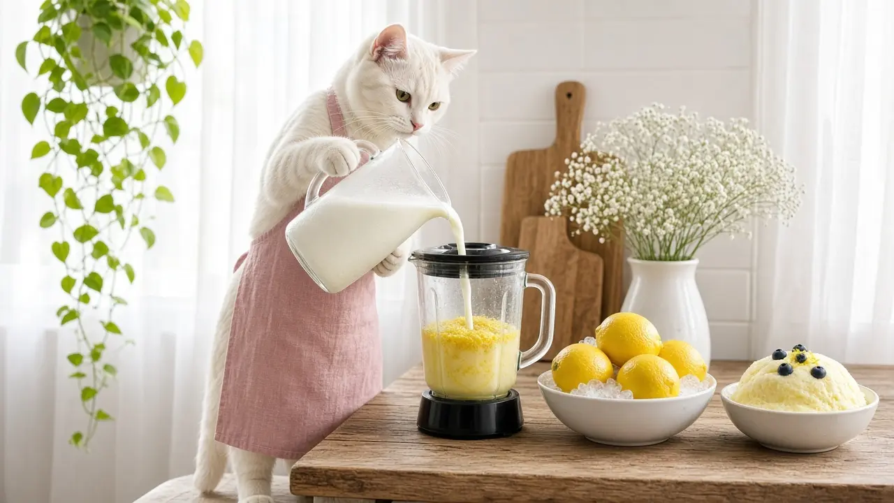 A cream-coloured cat in a pink apron, cooking this dish