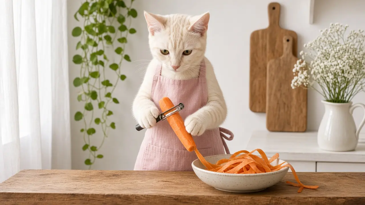 A cream-coloured cat in a pink apron, cooking this dish
