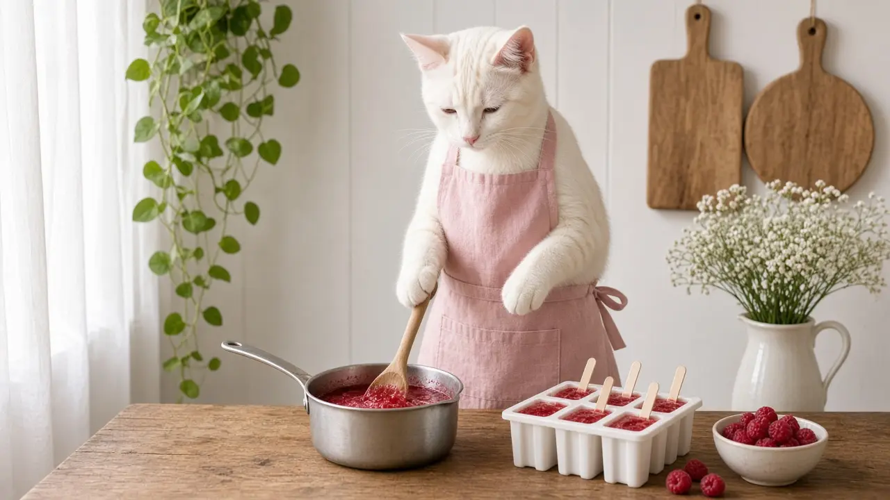 A cream-coloured cat in a pink apron, cooking this dish