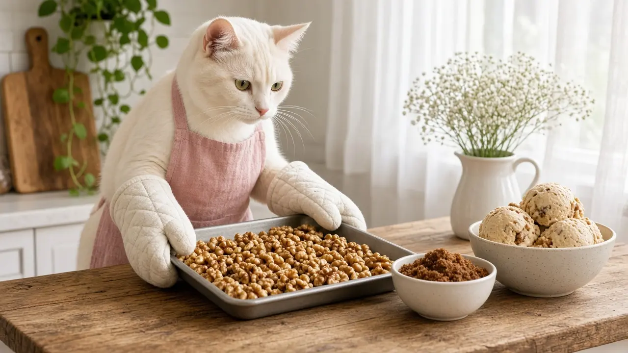 A cream-coloured cat in a pink apron, cooking this dish