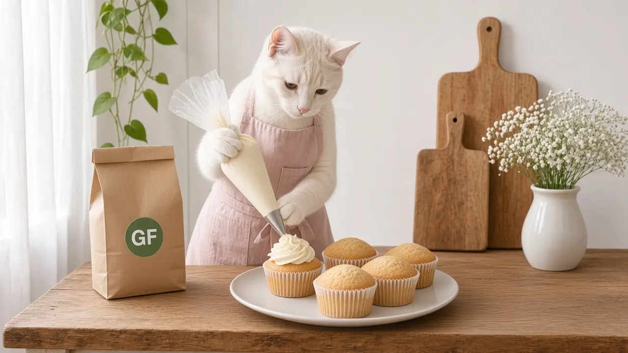 A cream-coloured cat in a pink apron, cooking this dish