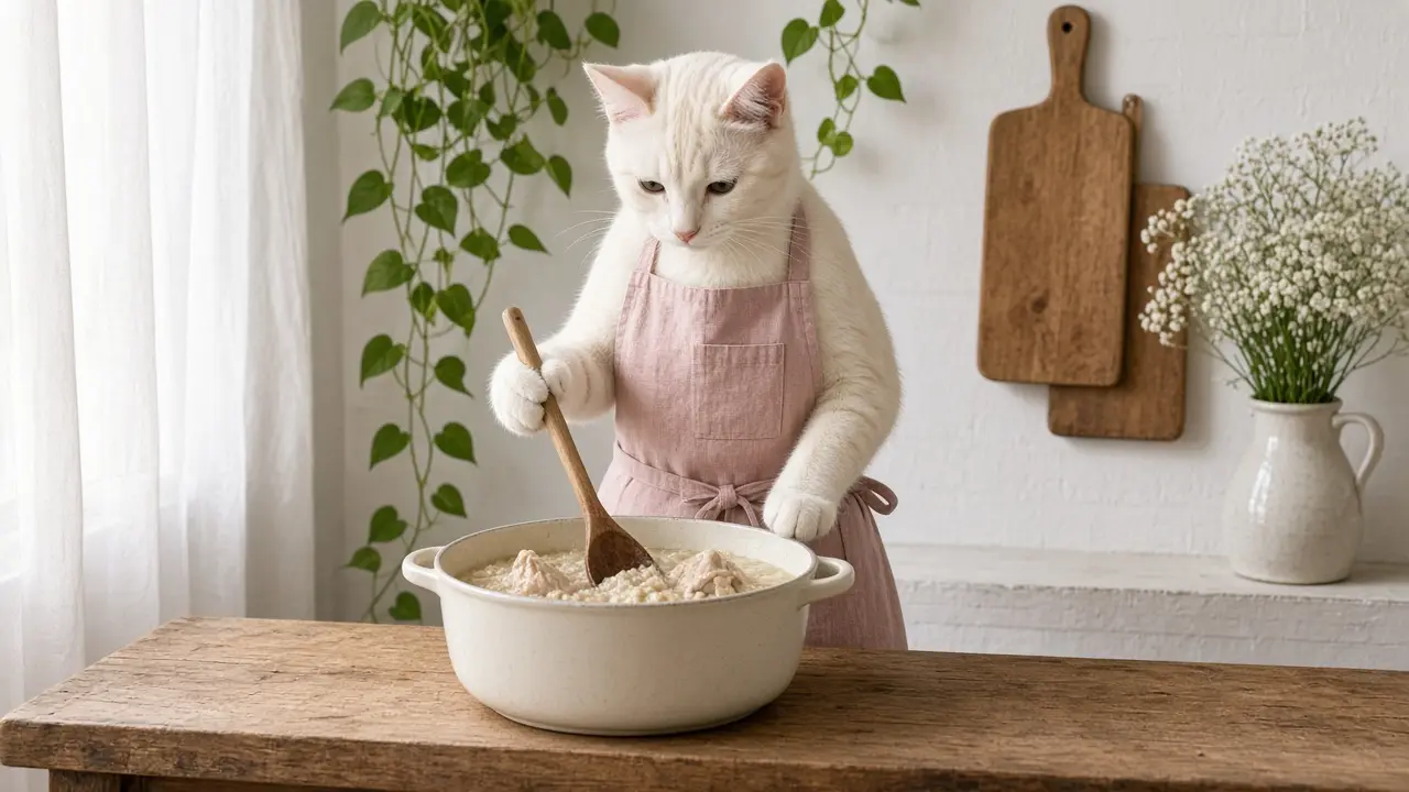 A cream-coloured cat in a pink apron, cooking this dish