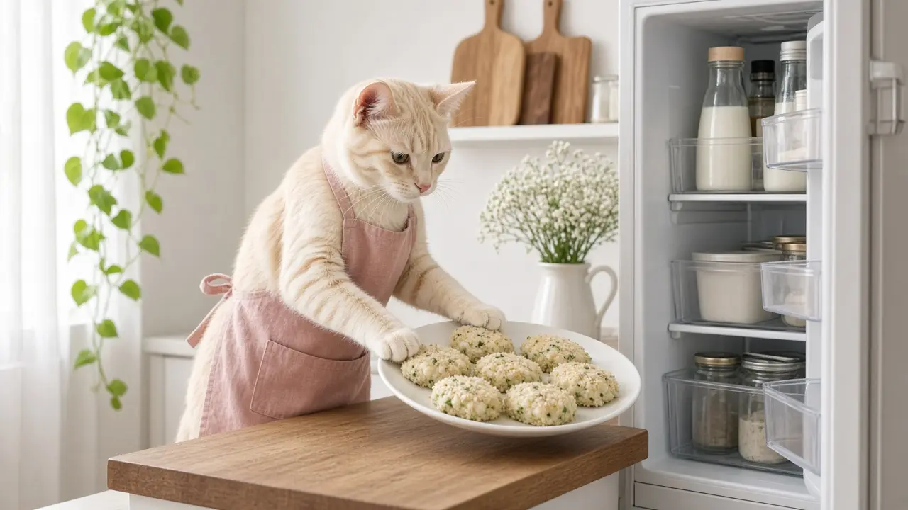 A cream-coloured cat in a pink apron, cooking this dish