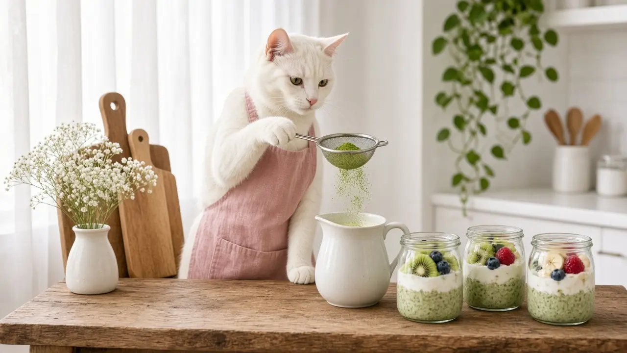 A cream-coloured cat in a pink apron, cooking this dish