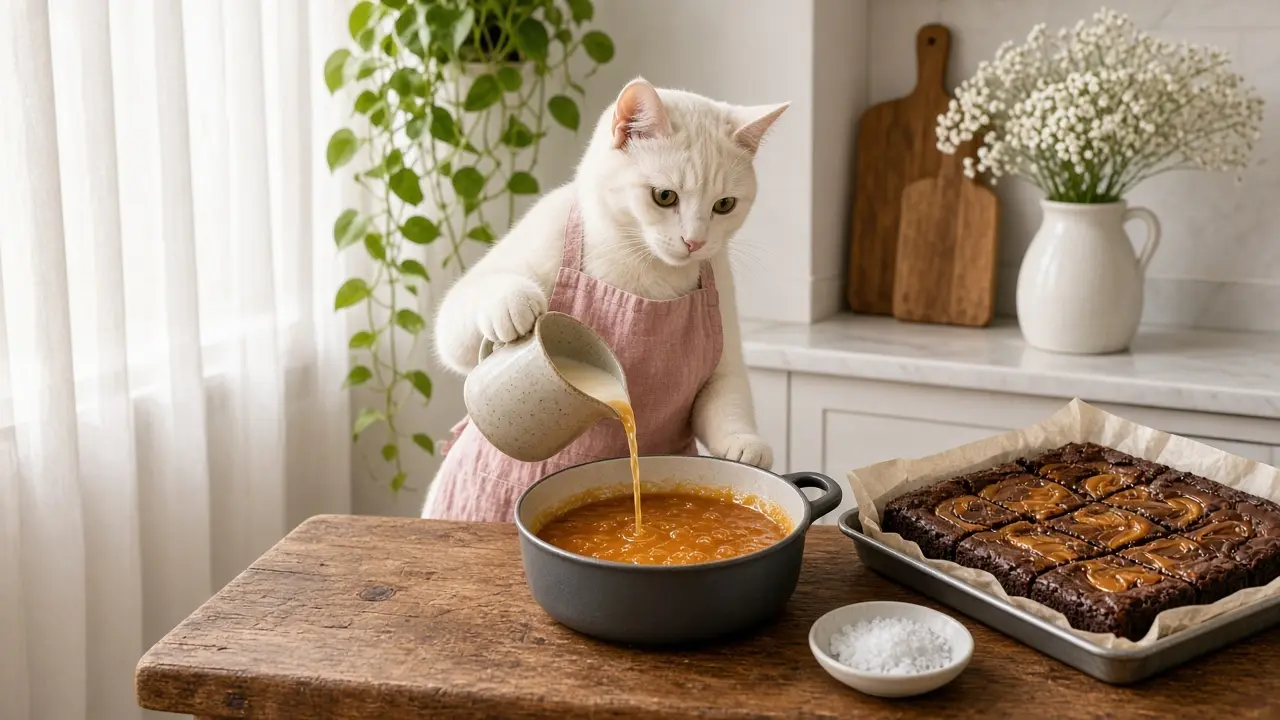 A cream-coloured cat in a pink apron, cooking this dish